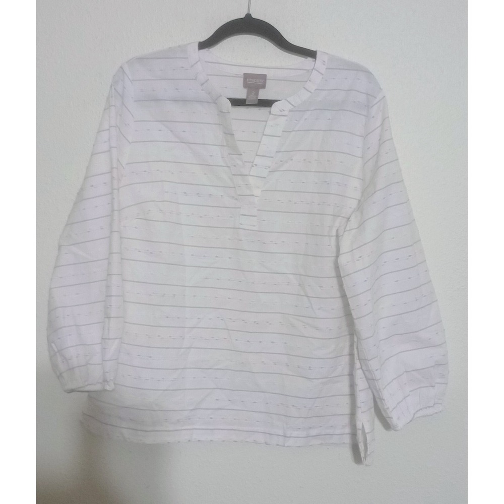 Chico's White Striped Split Neck Blouse Pastel Textured Long Sleeve Top Size 2